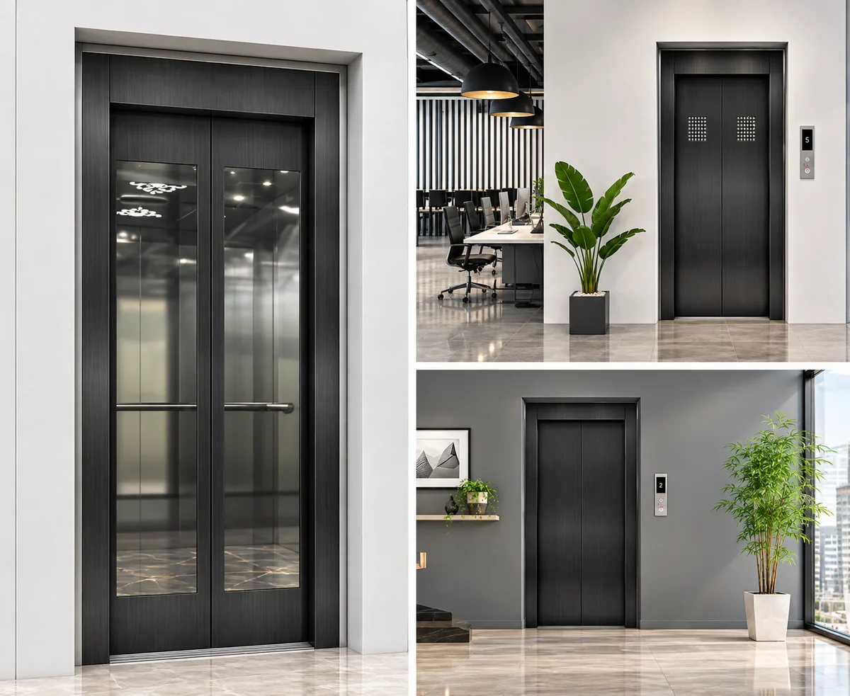 Black hairline elevator door with glass vision panels in office and residential interiors