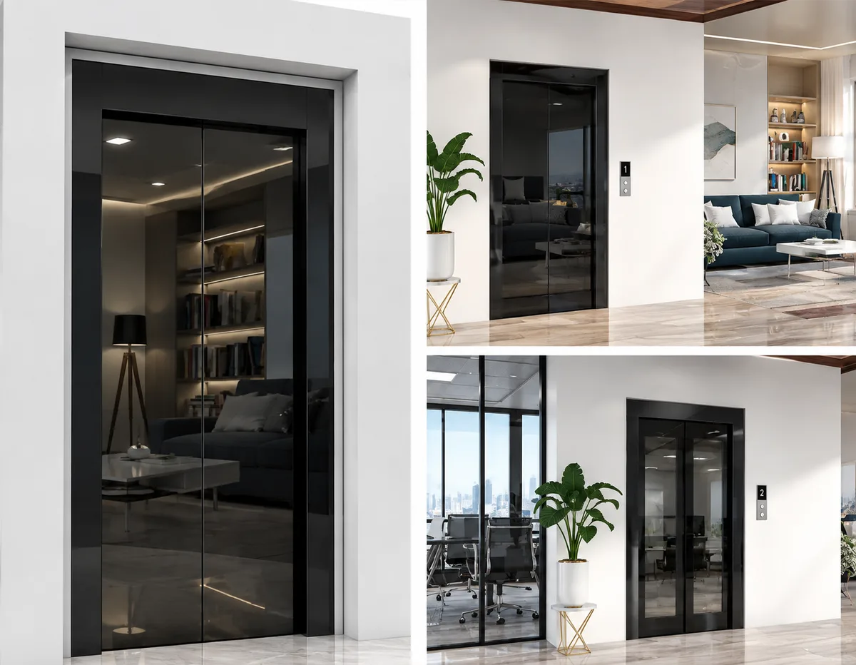 Black mirror finish elevator door reflecting a lounge interior