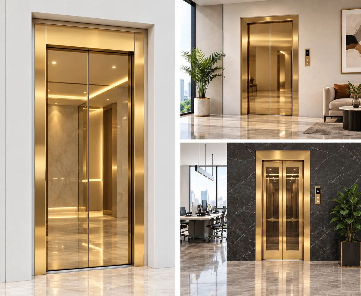 Gold mirror finish elevator door in a marble lobby
