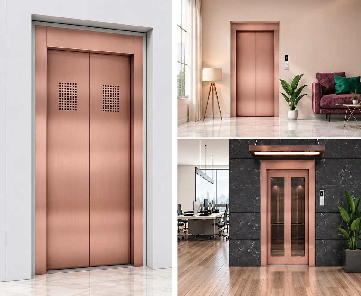 Rose gold hairline elevator door with perforated vision panels