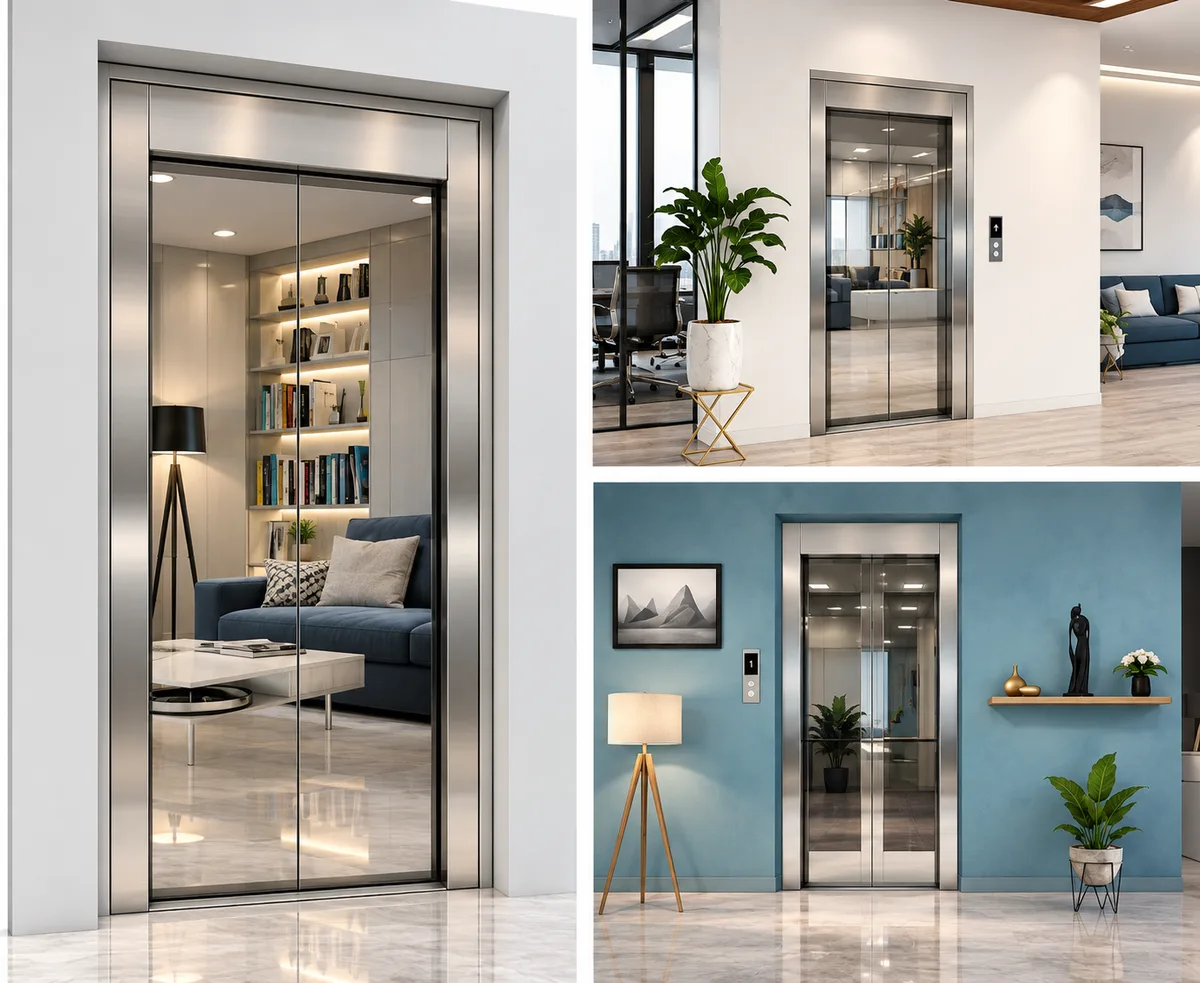 Stainless steel hairline elevator door with full vision glass, shown in a living room and an office