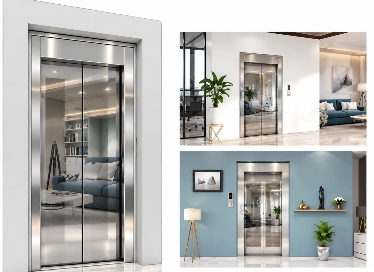 Stainless steel mirror finish elevator door in living room and office settings