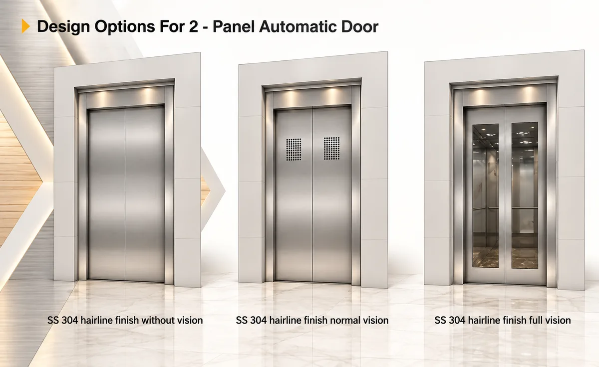 Design options for a two-panel automatic door in SS 304 hairline finish: without vision, normal vision and full vision