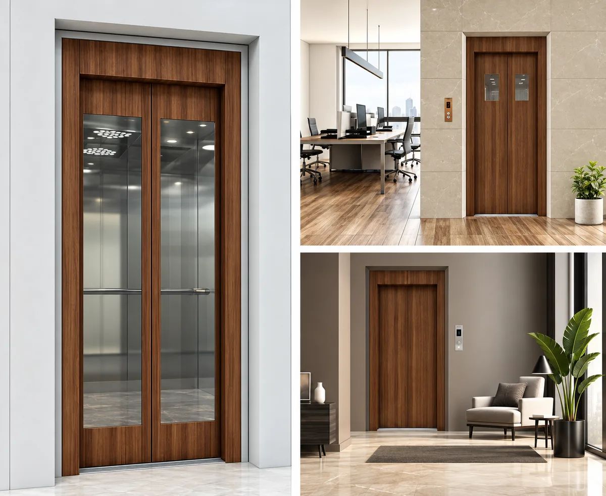 Walnut wood finish elevator door with glass vision panels in office and home settings