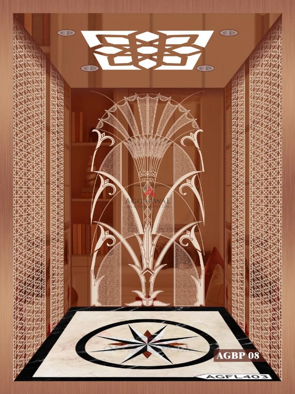Elevator interior with an etched floral back panel, lattice side walls and an inlaid star pattern floor