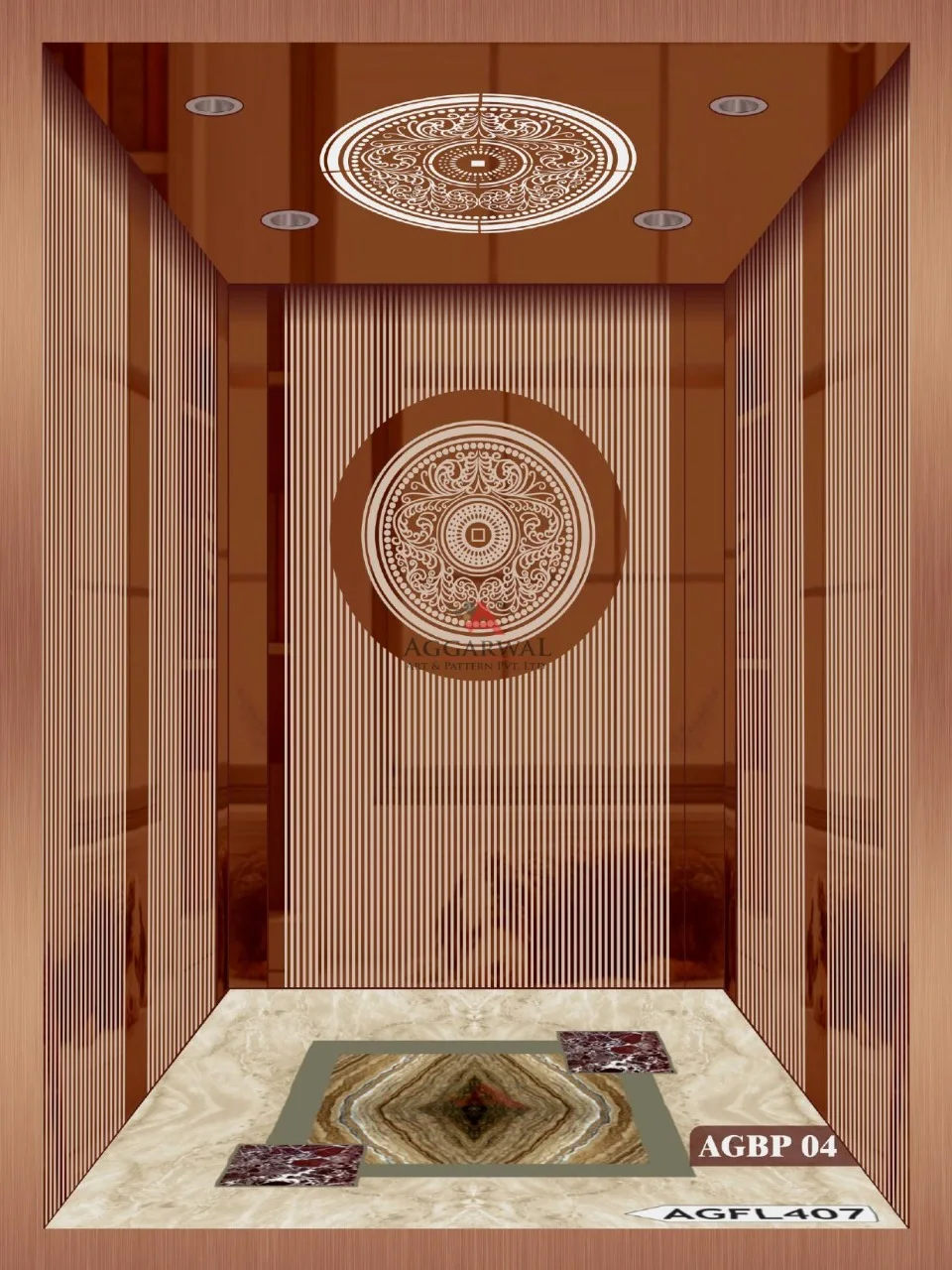 Elevator interior with vertical channel panels, a central medallion and a stone inlay floor
