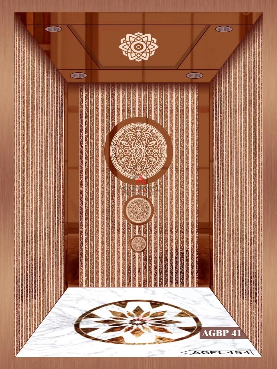 Elevator interior with fine vertical lines, stacked medallions and a white stone flower inlay floor