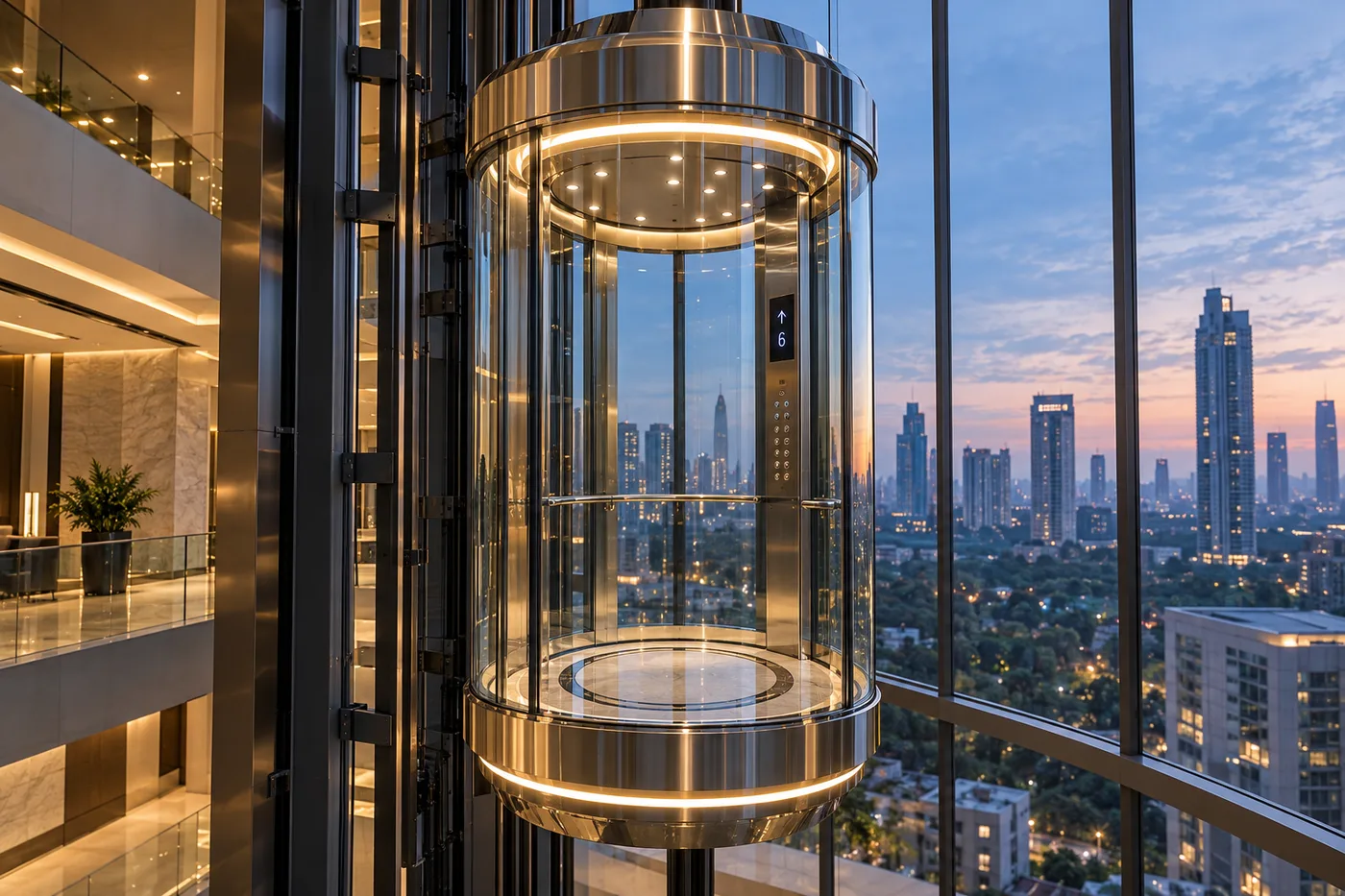 Round glass capsule lift rising through a high-rise atrium at dusk