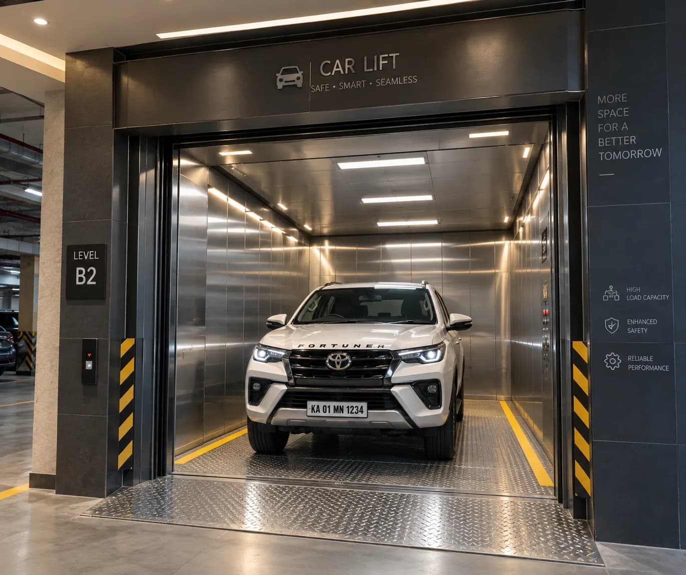 Car lift carrying an SUV between parking levels