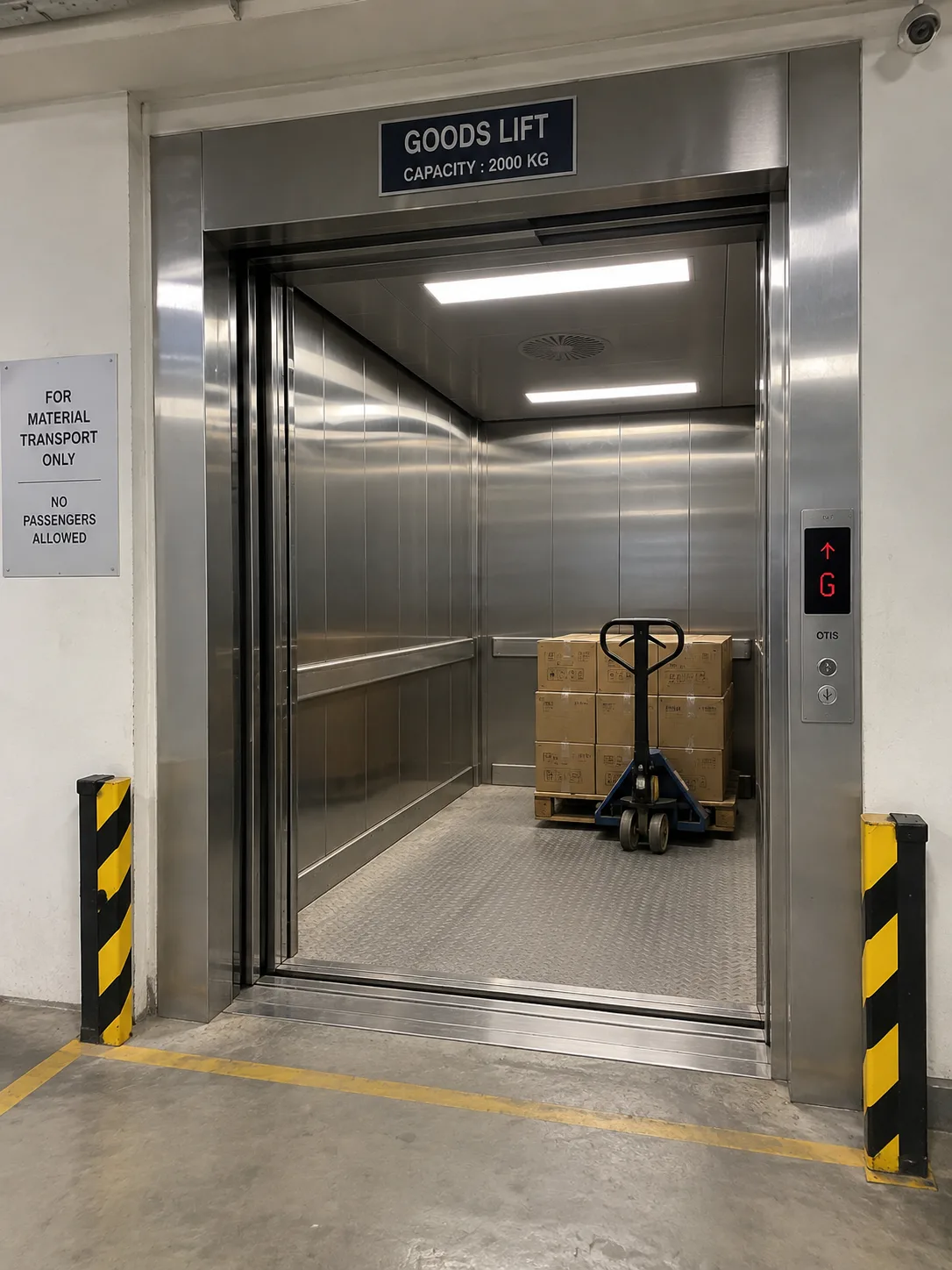 Goods lift with pallets and safety markings on the floor