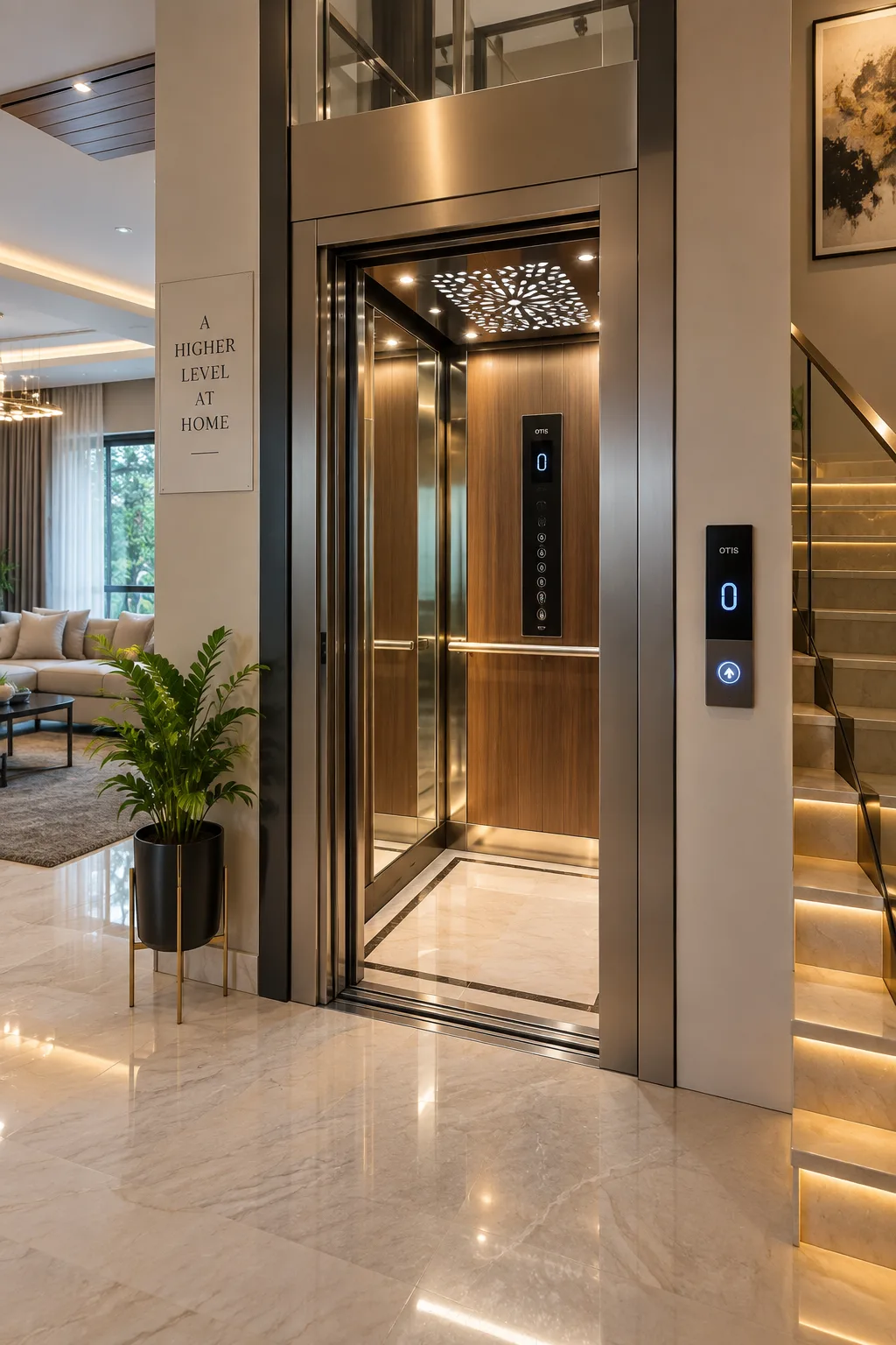 Home lift with a timber and glass cabin beside a staircase