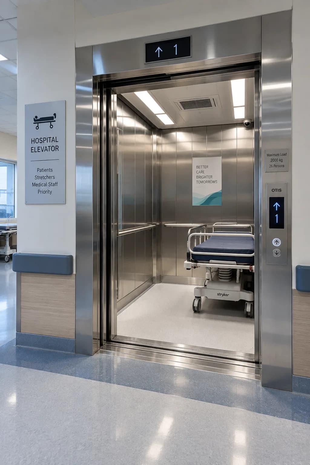 Hospital lift with a stretcher inside a wide stainless steel cabin