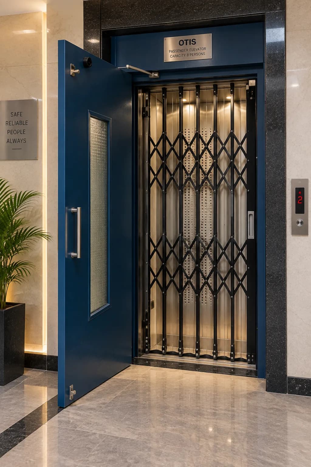 Manual passenger lift with a collapsible gate behind a blue landing door