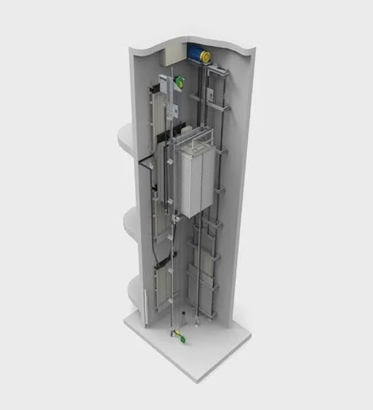 Cutaway of an MRL lift shaft showing the compact machine mounted inside the shaft