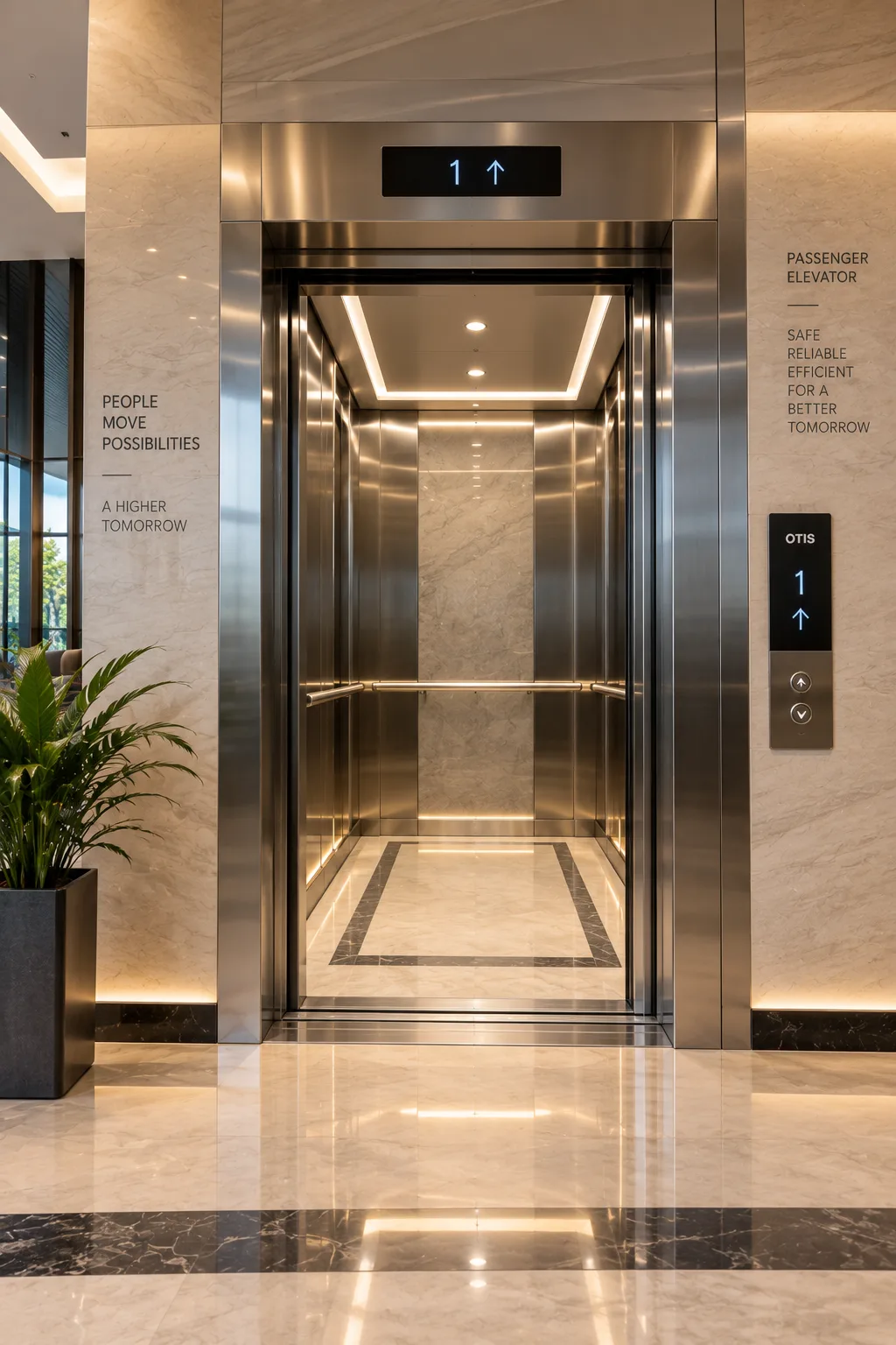 Passenger lift with automatic doors in a marble lobby
