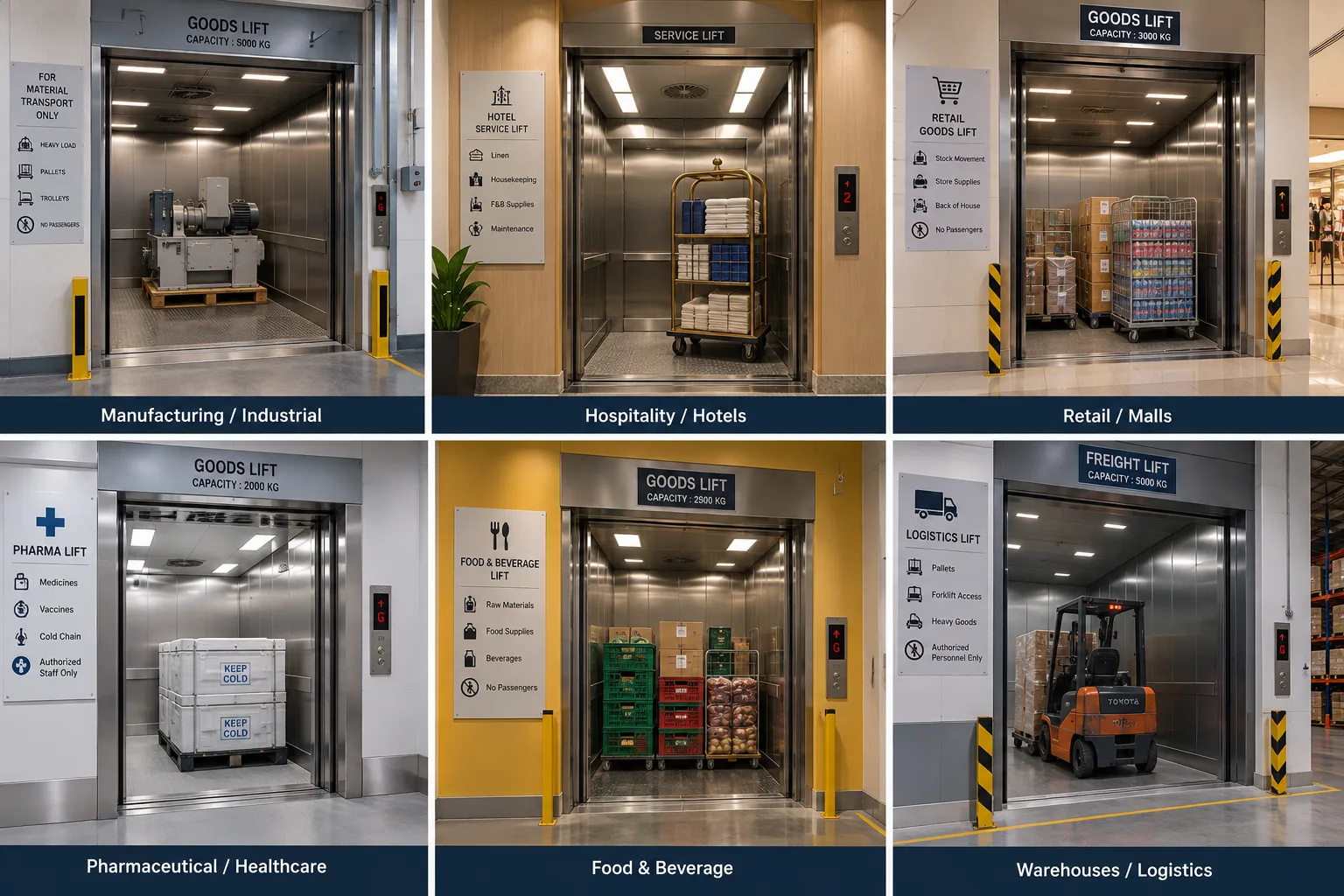 Six goods lift applications: manufacturing, hospitality, retail, pharmaceutical, food and beverage, warehousing