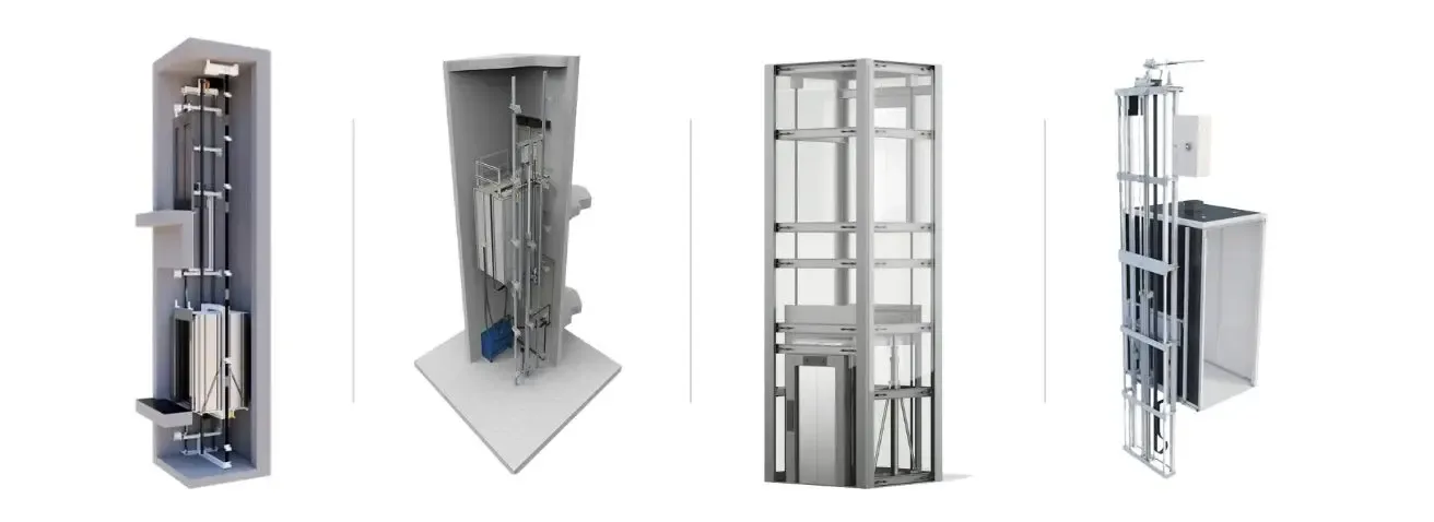 Hydraulic lift types: machine layout, shaft and cabin renders