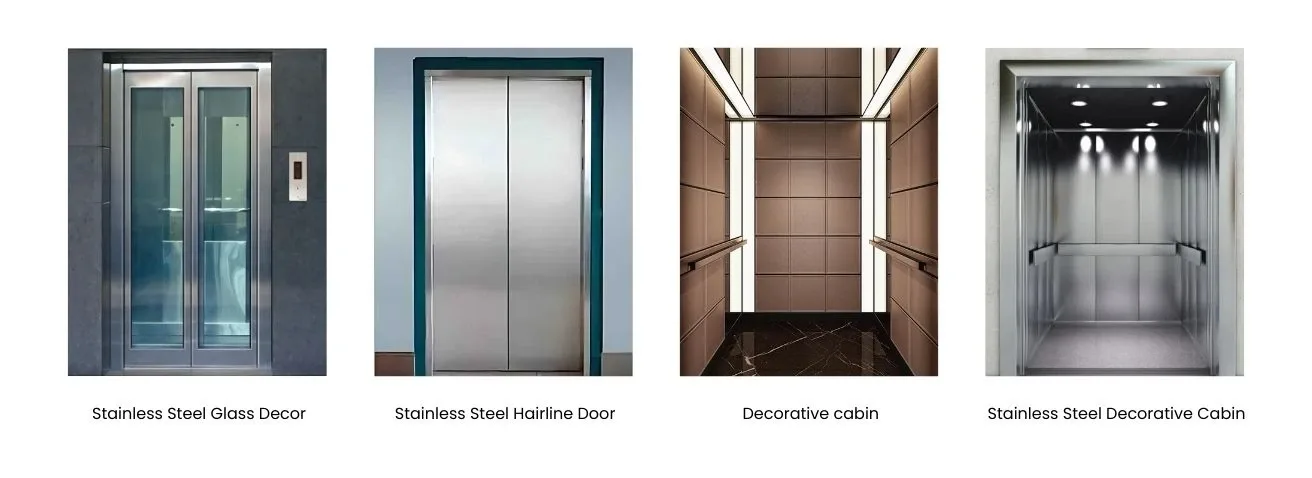 MRL lift door and cabin options: stainless steel glass door, hairline door, decorative cabins